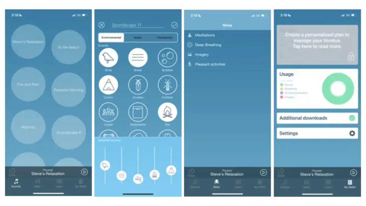 Some screenshots from the ReSound Tinnitus Relief App. The first three images (left to right) show environmental sounds you can choose from, me creating my own tinnitus soundscape and educational content offered within the Learn tab. The final screenshot (far right) shows the tinnitus tracking features within the separate Relax app, which now includes a paid personalized plan feature. 