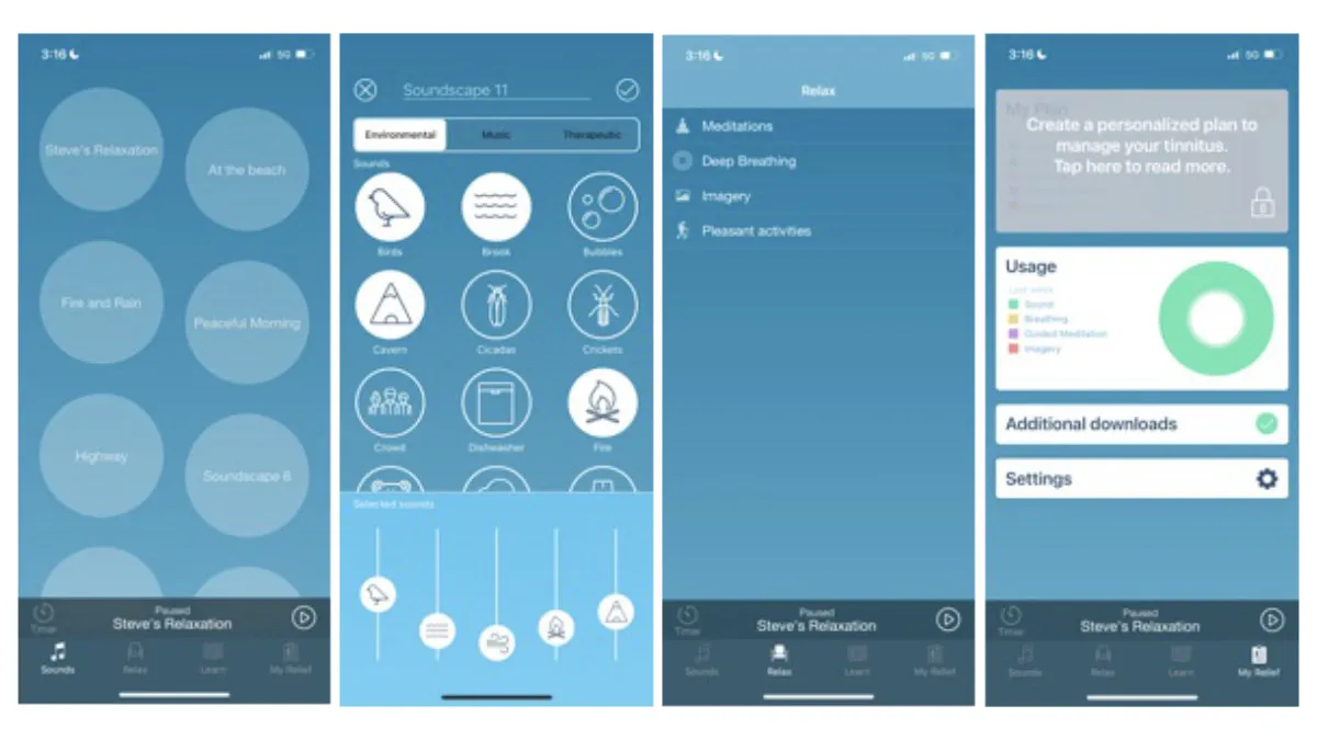 Some screenshots from the ReSound Tinnitus Relief App. The first three images (left to right) show environmental sounds you can choose from, me creating my own tinnitus soundscape and educational content offered within the Learn tab. The final screenshot (far right) shows the tinnitus tracking features within the separate Relax app, which now includes a paid personalized plan feature. 