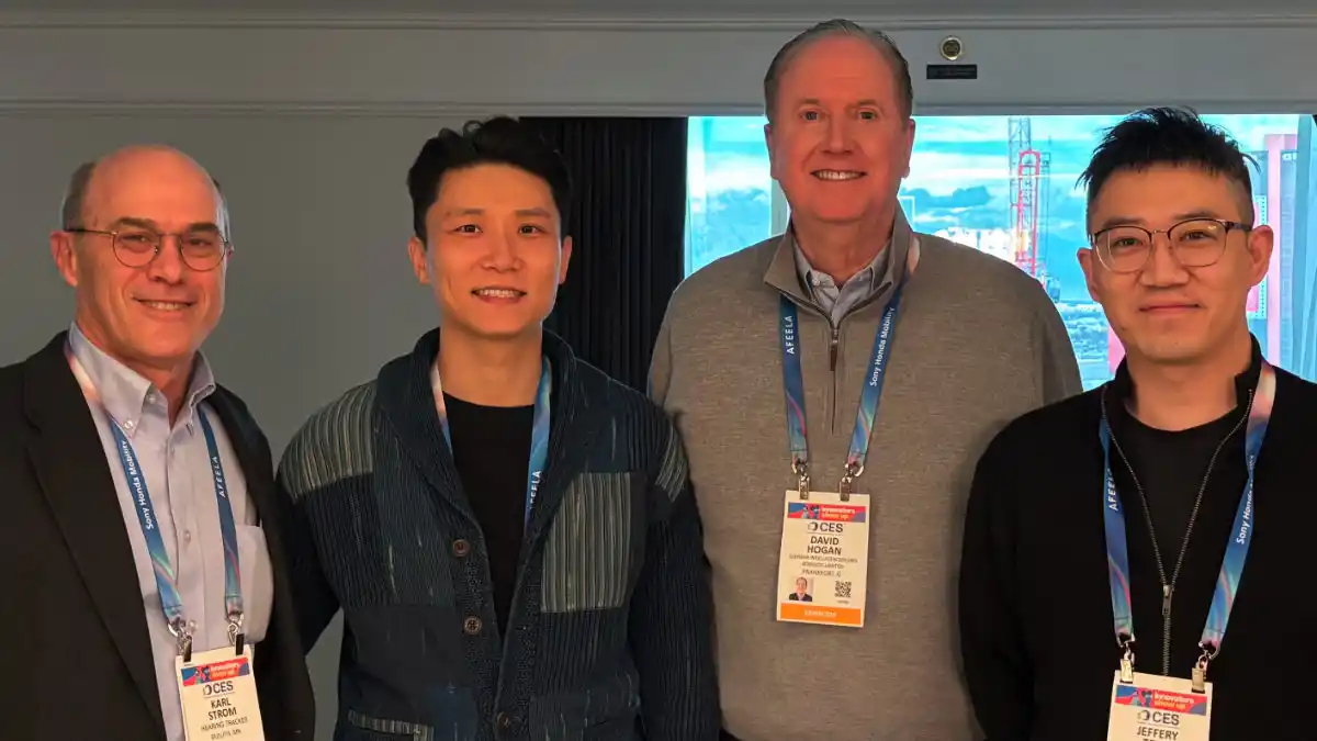 The author with Elehear Founder and CEO Eric Miao, President David Hogan, and VP Sales North America Jeffery Teng.