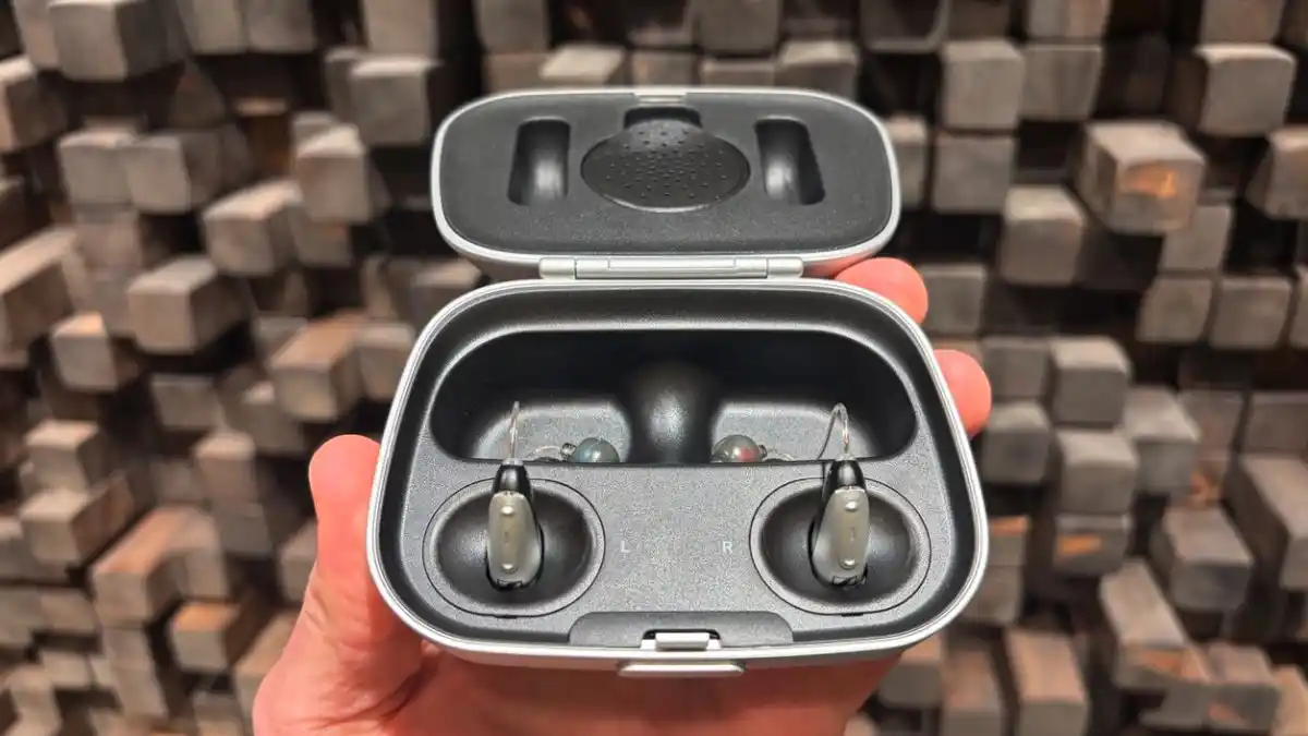 Two hearing aids in silver charger-carrying case