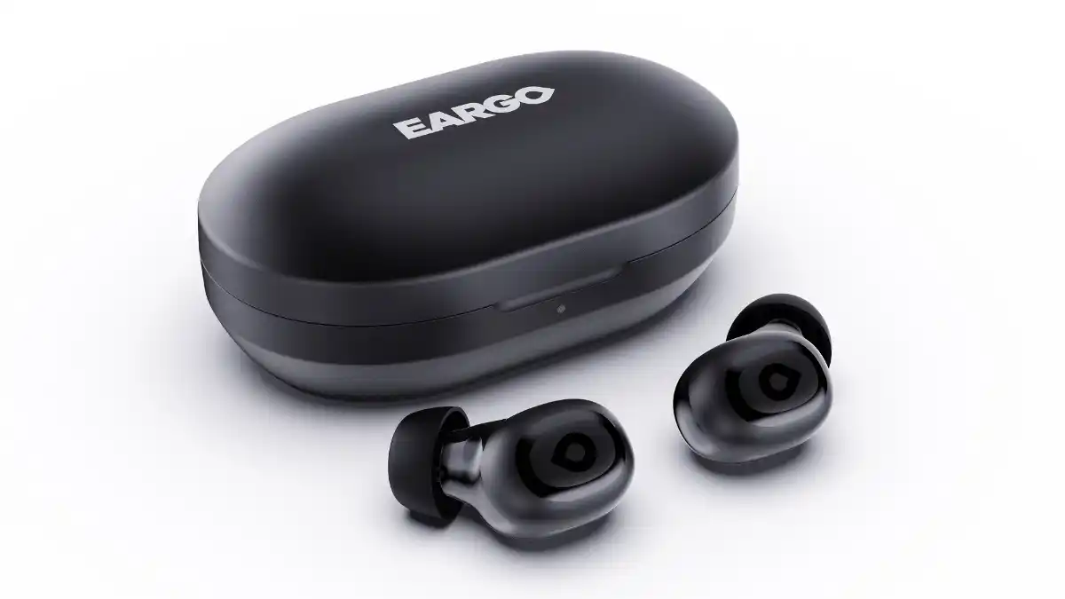 Photo of dark gray LINK by Eargo earbuds and recharging case