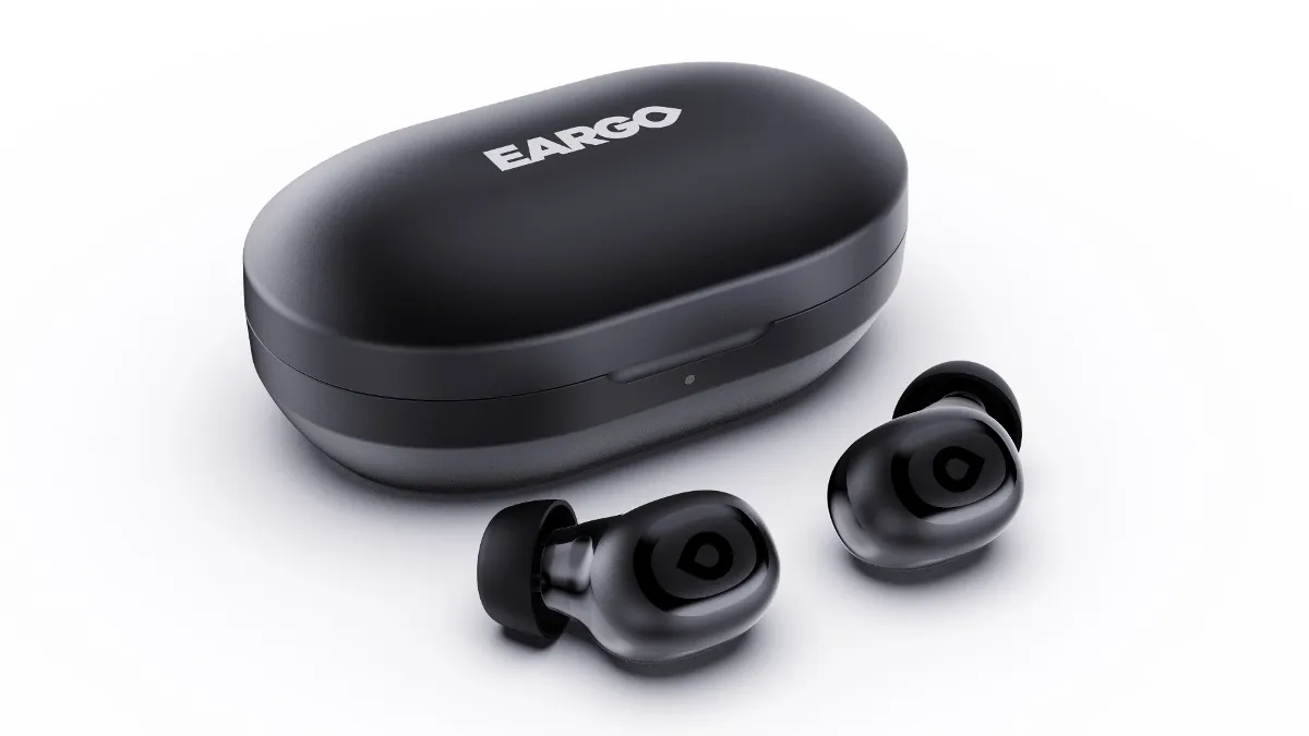 Photo of dark gray LINK by Eargo earbuds and recharging case