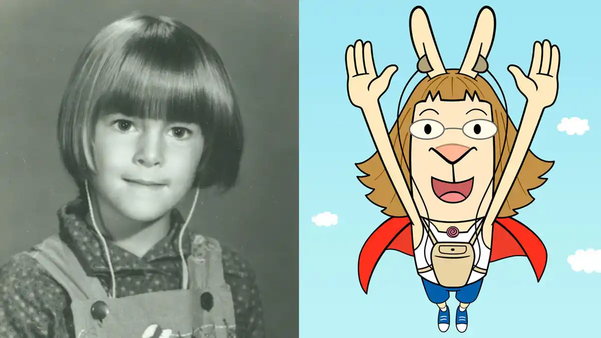 The real Cece Bell (left) as a child, and the animated Cece from El Deafo.