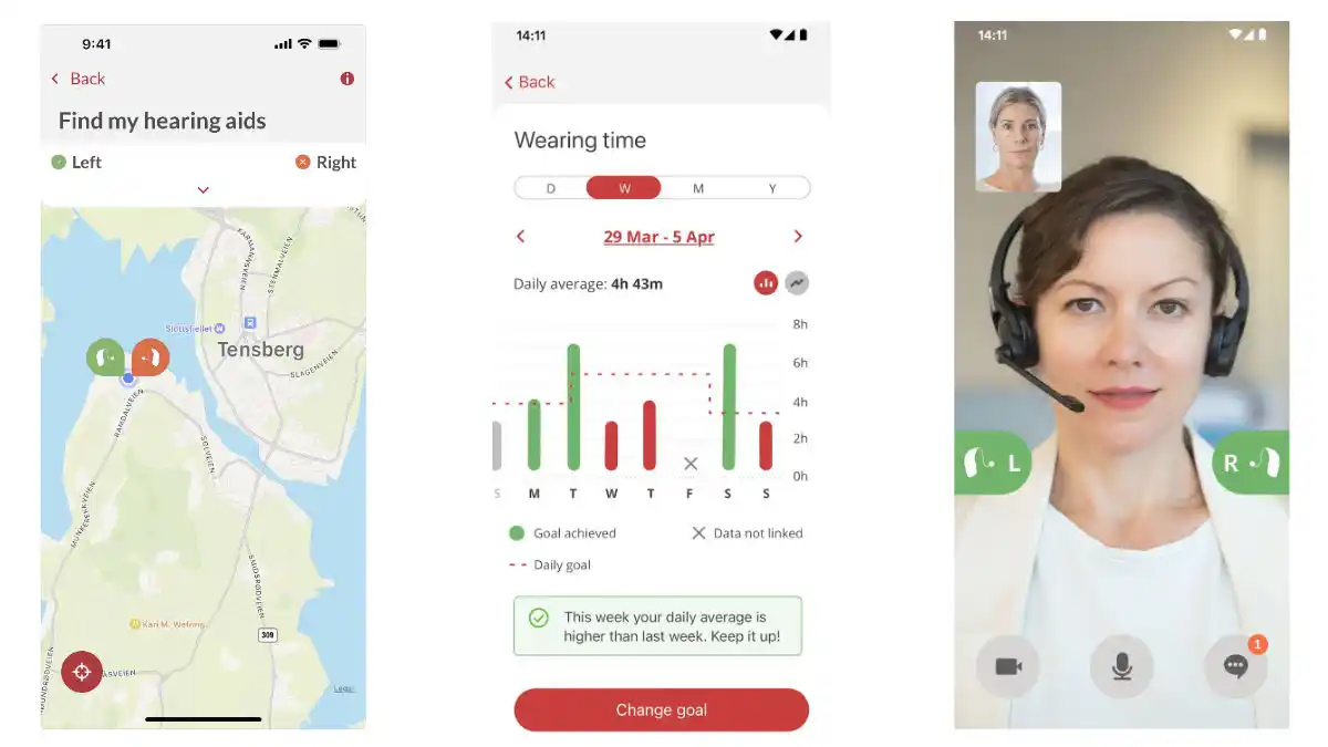 Bernafon app highlights showing find my hearing aid and telecare