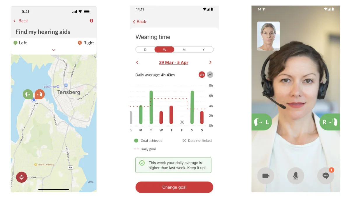 Bernafon app highlights showing find my hearing aid and telecare