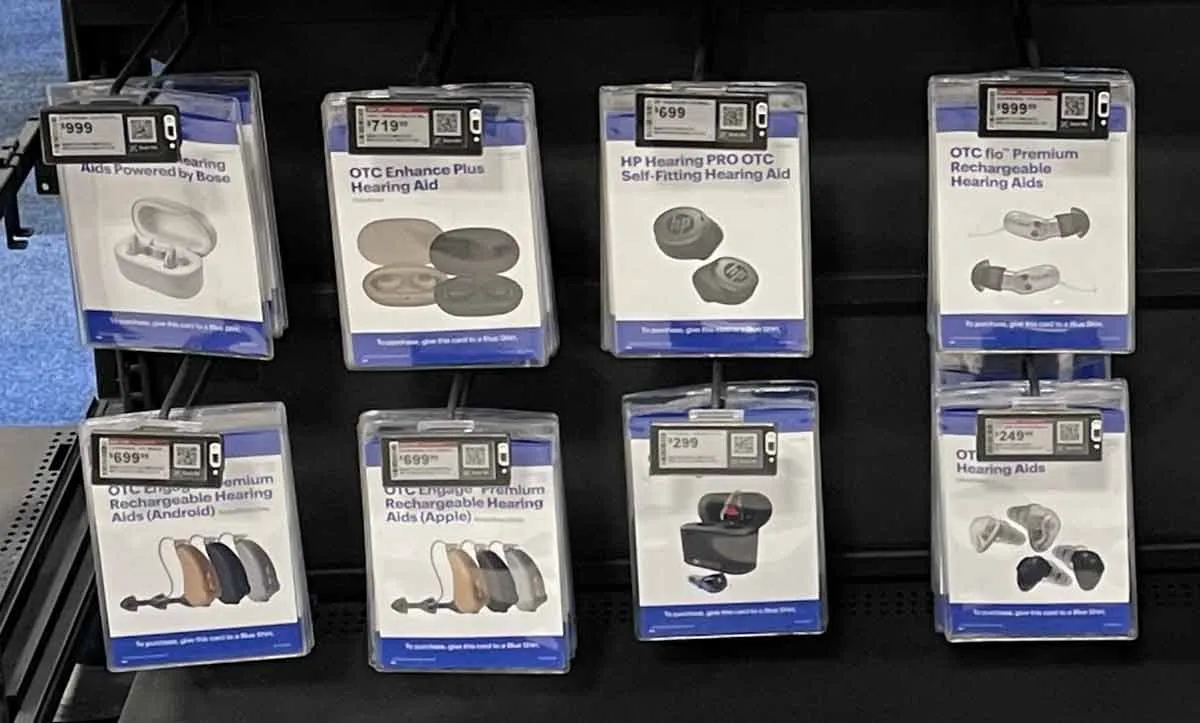 The hearing aid display at Best Buy. Prices range from $250 to $1000 per pair.