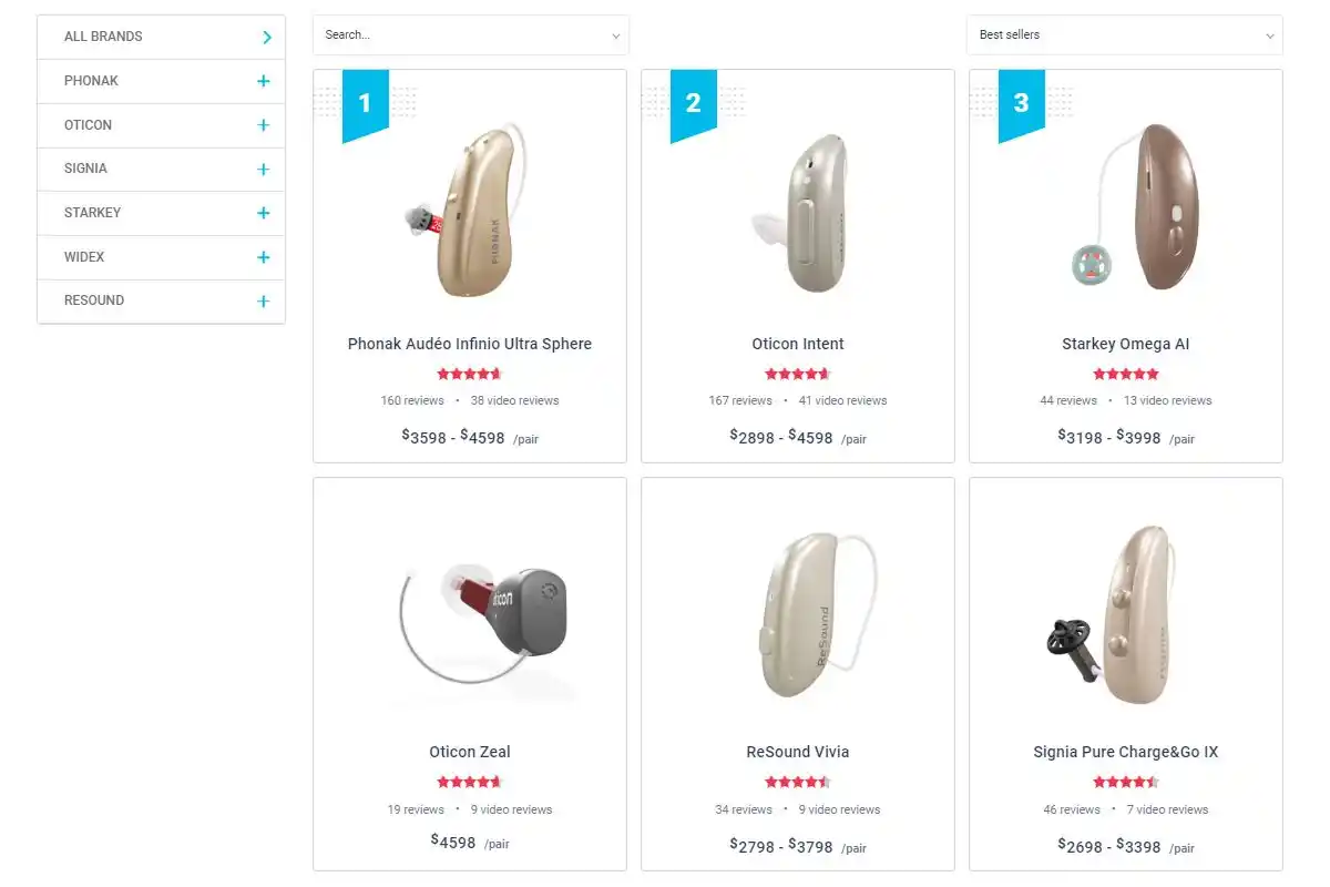 Selection of six brand name hearing aids in the ZipHearing online shop.