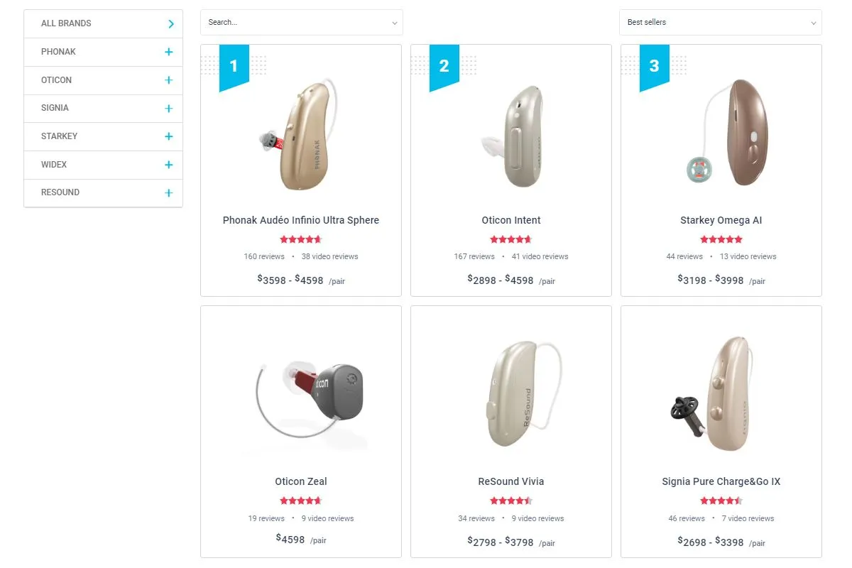 Selection of six brand name hearing aids in the ZipHearing online shop.