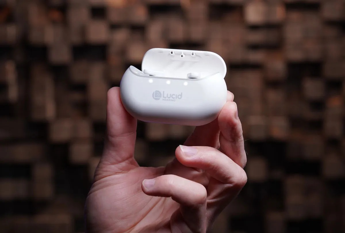 Lucid Tala OTC hearing aids, in my hand.