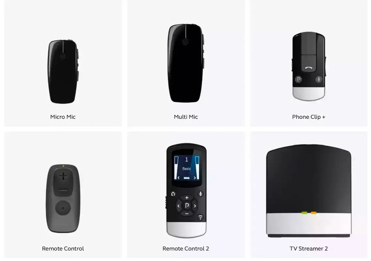Optional accessories for the Jabra Enhance Pro 10 include remote microphones, remote control units for changing volume or programs, a TV streamer, and the Phone Clip+ which acts like a remote mic with telecoil capabilities and a sound jack.