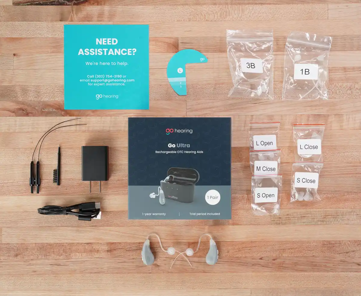 Unboxing of Go Hearing Go Ultra devices. The charge case is also included and can be seen in other images below. 