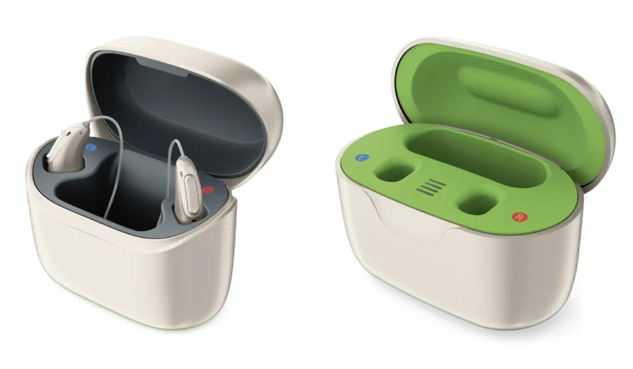 The Phonak Charger Ease (left) and the Charger Case Go (right).