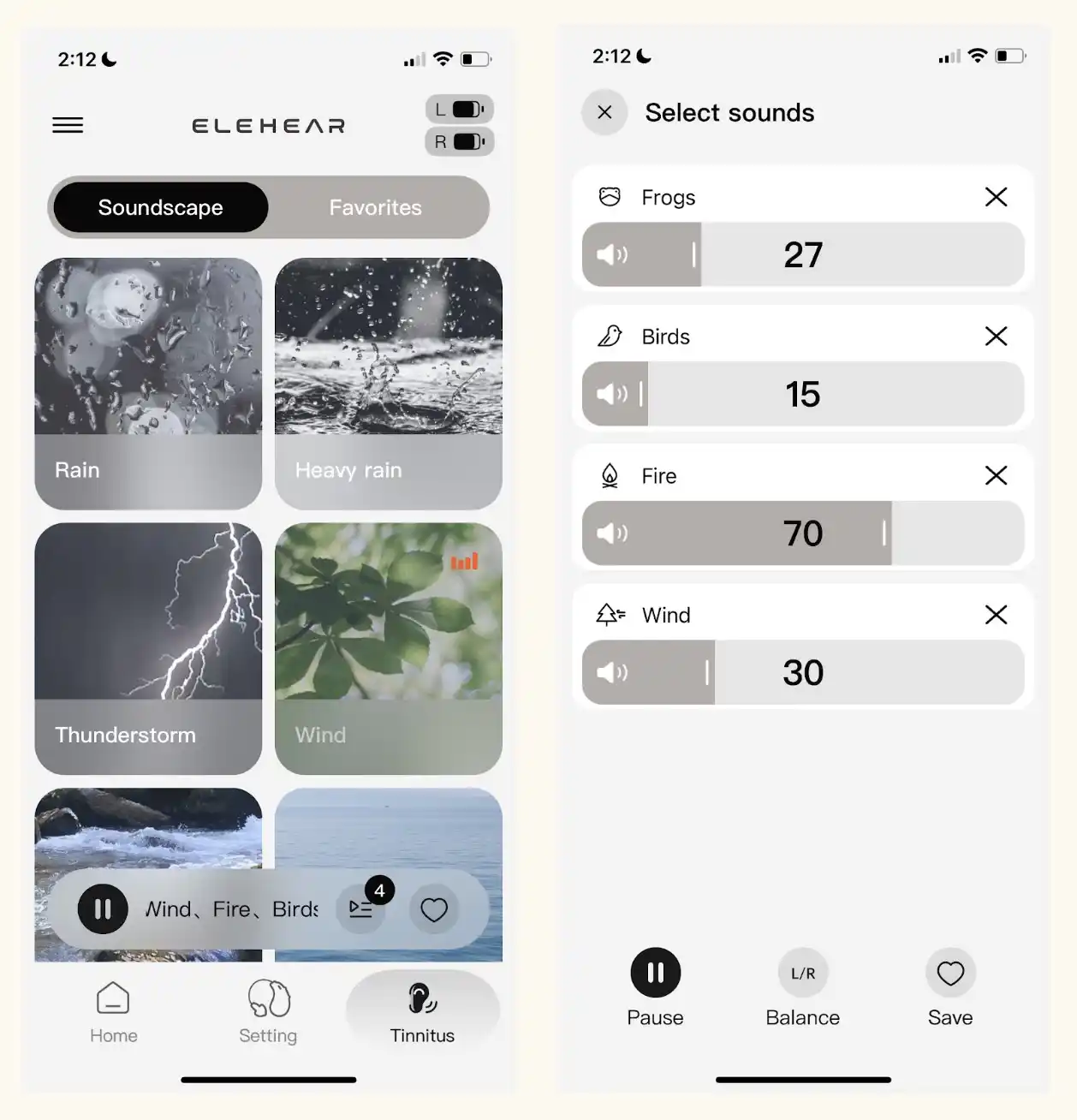Two side-by-side screenshots of the Elehear app showing the Tinnitus tab and volume levels for selected natural sounds.