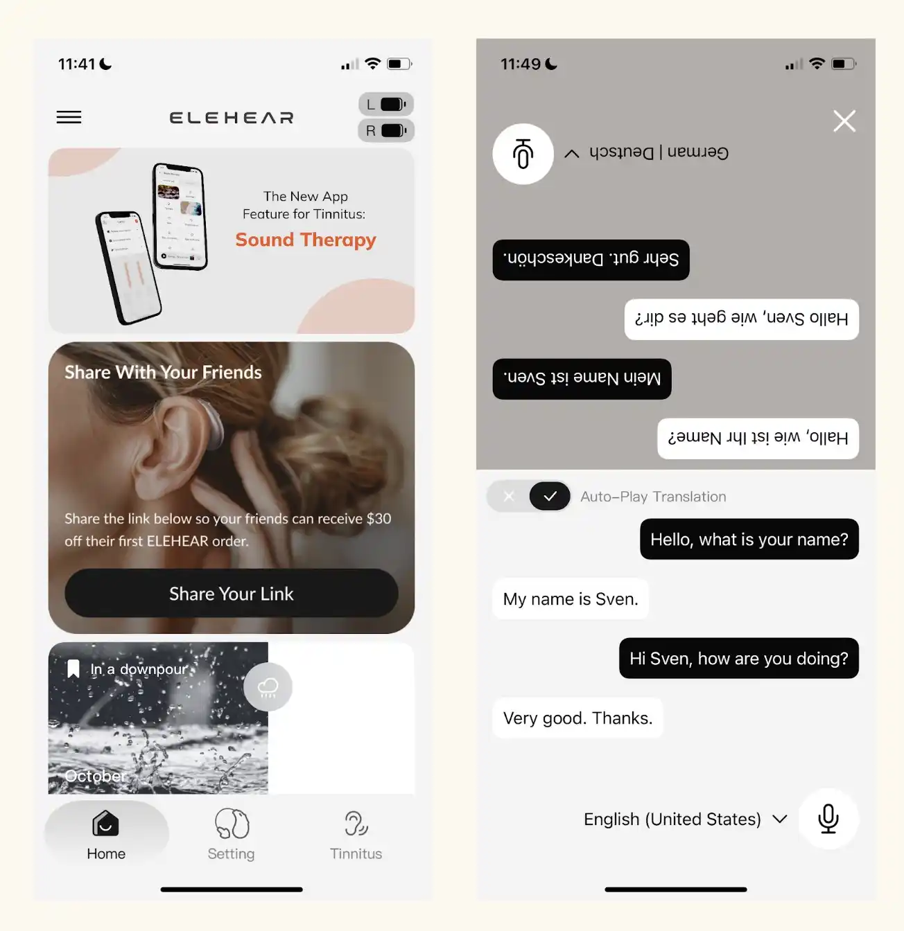 Die Hauptseite der Elehear App und die Übersetzungsfunktion, die Audioübersetzung für den Träger sowie bidirektionale Echtzeit-Textübersetzung bietet.
