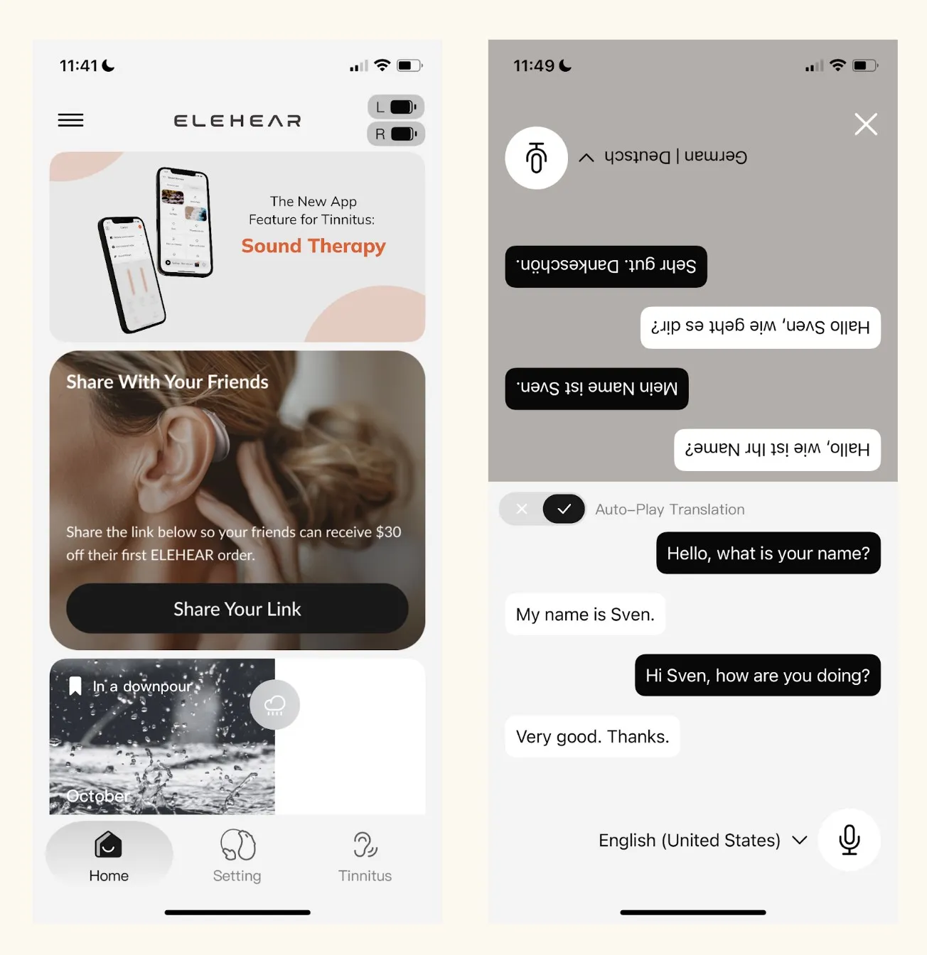 The Elehear app main page and Translation feature, which provides audio translation for the wearer as well as two-way real-time text translation.