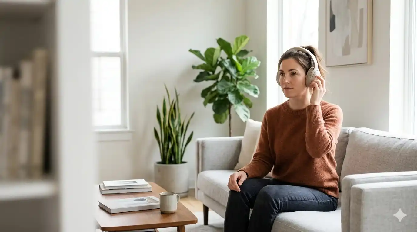 Woman sitting on a sofa wearing headphones, touching the left earcup to manually turn down the volume.
