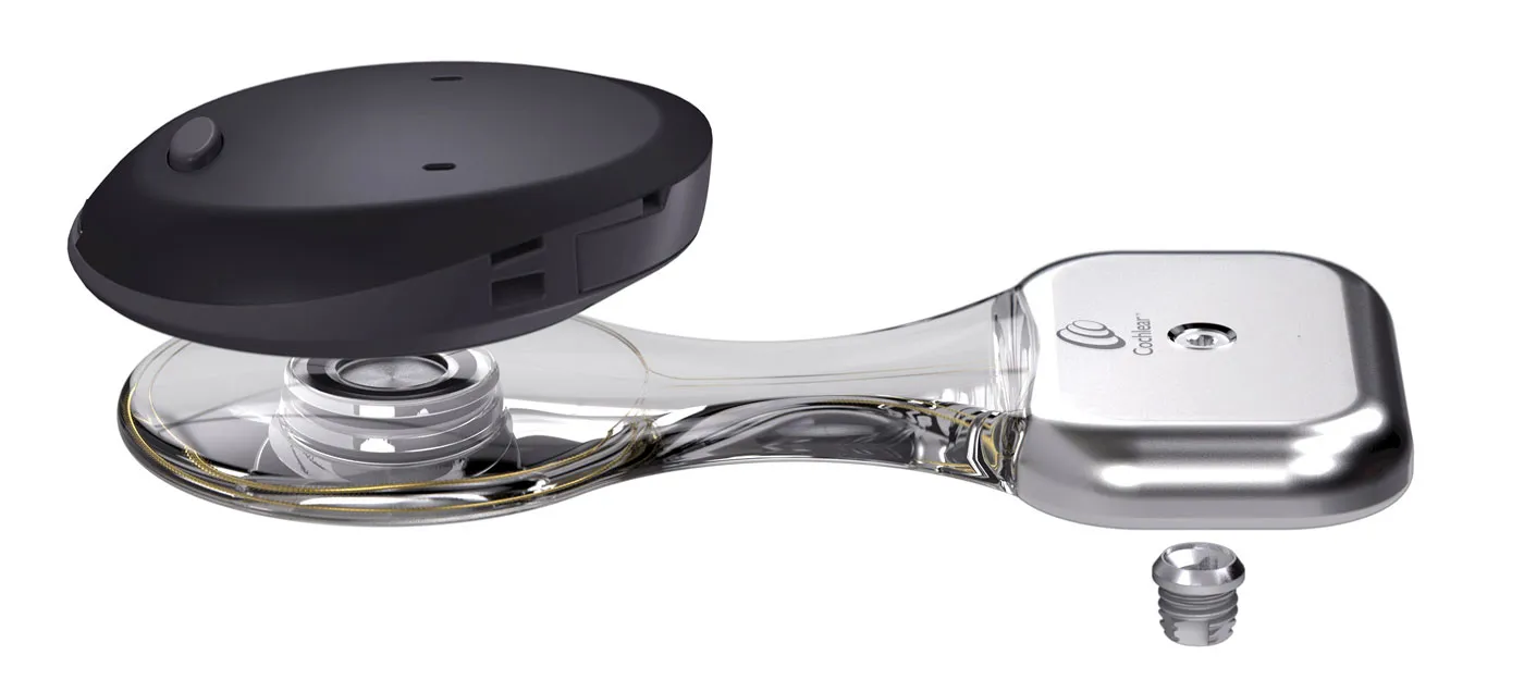 The three components of the Cochlear Baha Osia System (from bottom right to top left): 1) BI300 titanium implant; 2) the OSI200 implant with transducer, antenna, digital link and magnet; and 3) Osia System sound processor.