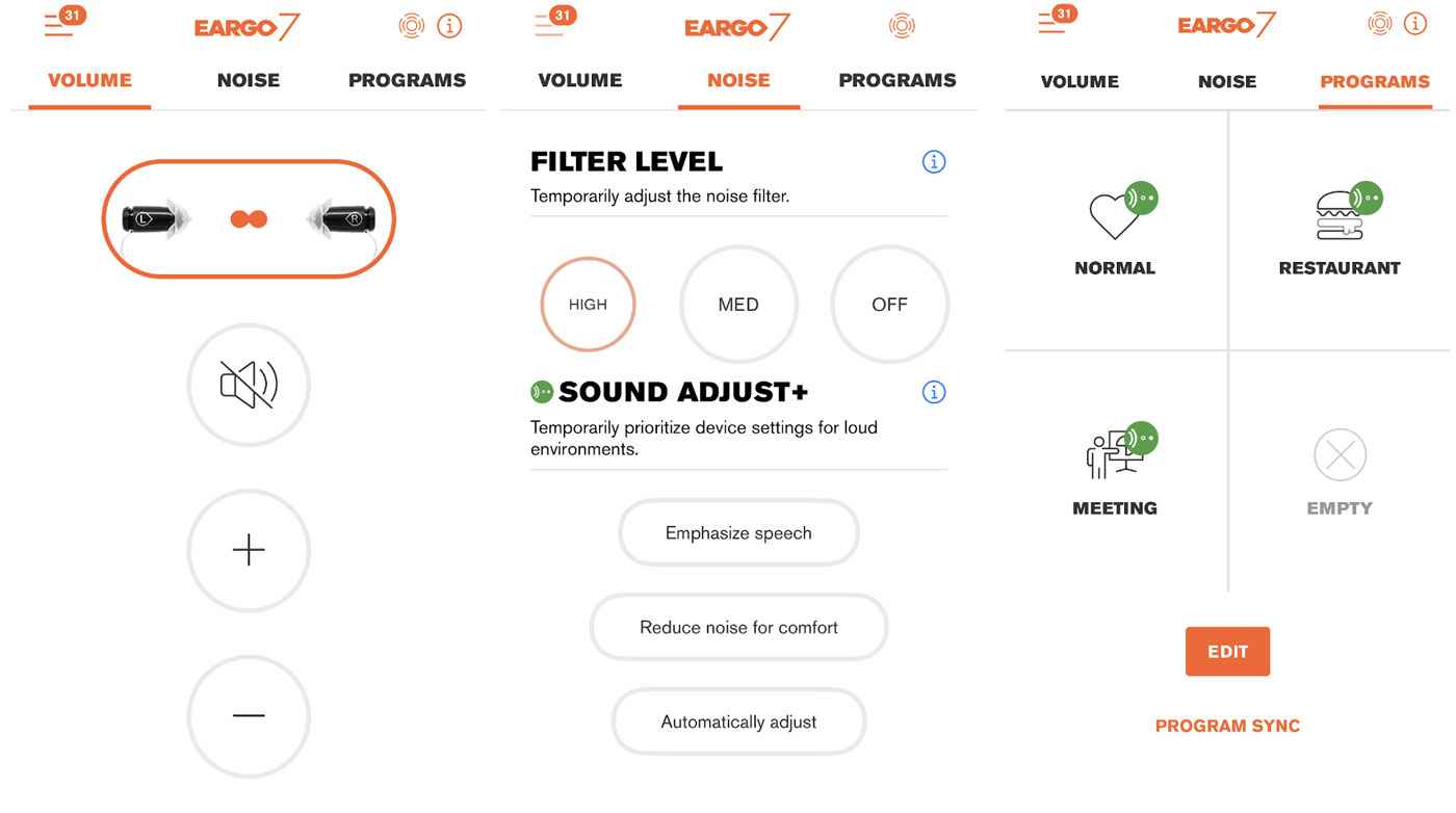 The three different tabs within Eargo’s App: Volume, Noise, and Programs (left to right). 