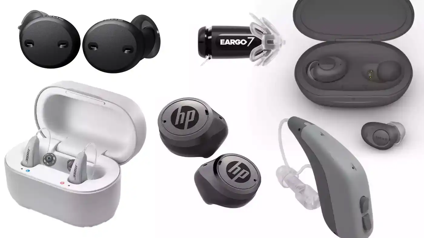 An assortment of currently available OTC hearing aid devices. 