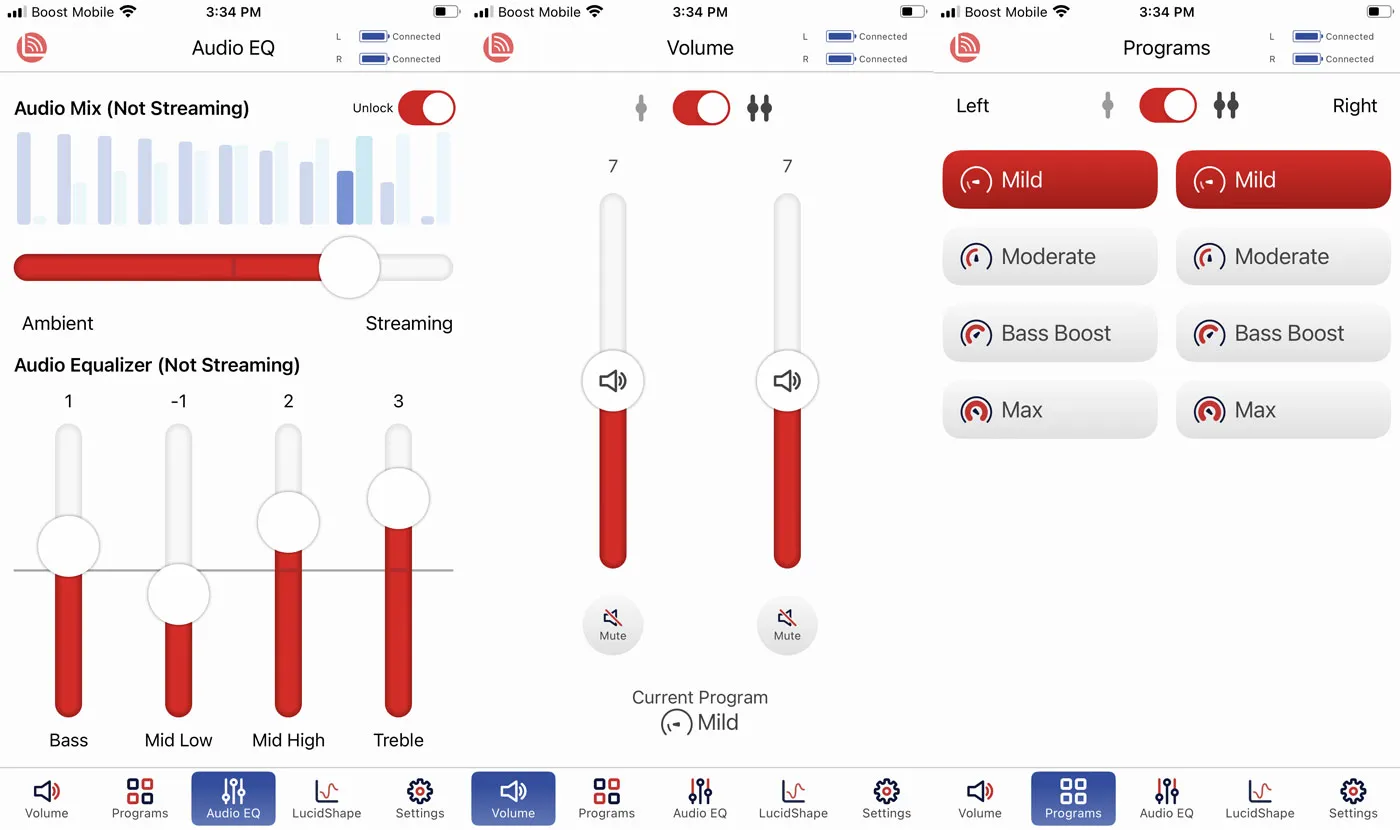 From left: 1) AudioEQ with custom adjustments to the ambient/streaming balance and audio equalizer. 2) Main Volume tab within the Lucid Engage app. Individual control over the left and right device volume is enabled. 3) Selecting programs.