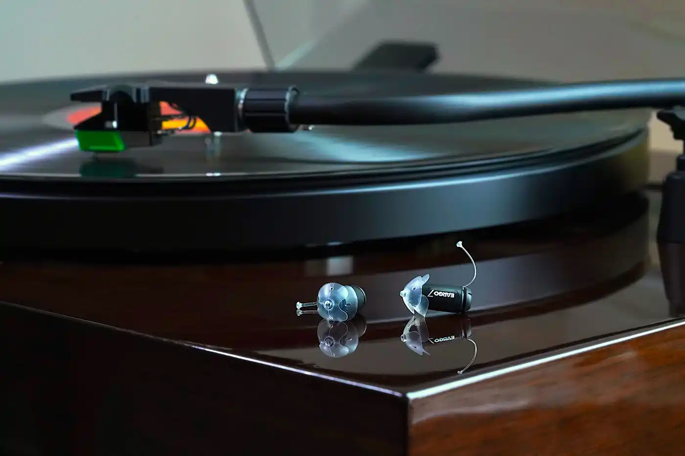 Eargo 7 hearing aids on my record player after a listening experiment. 