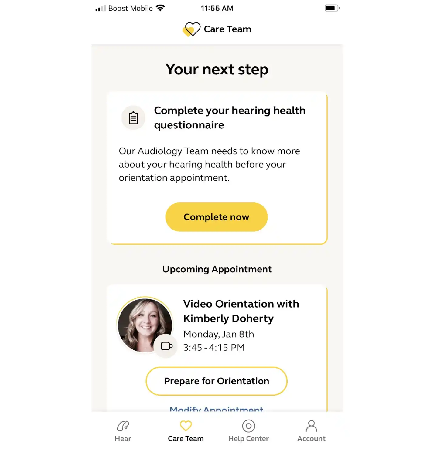 Screenshot einer bevorstehenden Videoeinweisung. Sie können direkt in der App über den Tab „Care Team“ Hilfe anfordern und Termine vereinbaren.