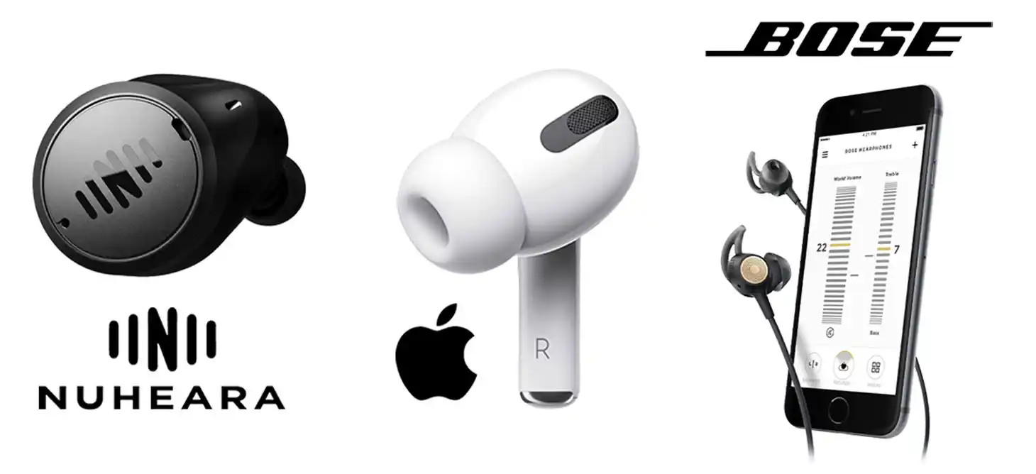 A few examples of hearables include the Nuheara IQbuds2, the Apple AirPods Pro when using the transparency mode and personalized hearing functions, as well as numerous app-based headphones like those offered by Bose.