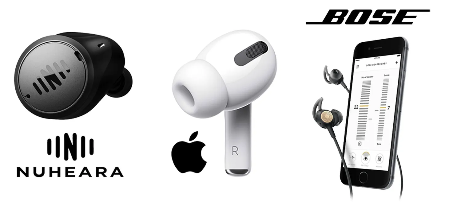 A few examples of hearables include the Nuheara IQbuds2, the Apple AirPods Pro when using the transparency mode and personalized hearing functions, as well as numerous app-based headphones like those offered by Bose.