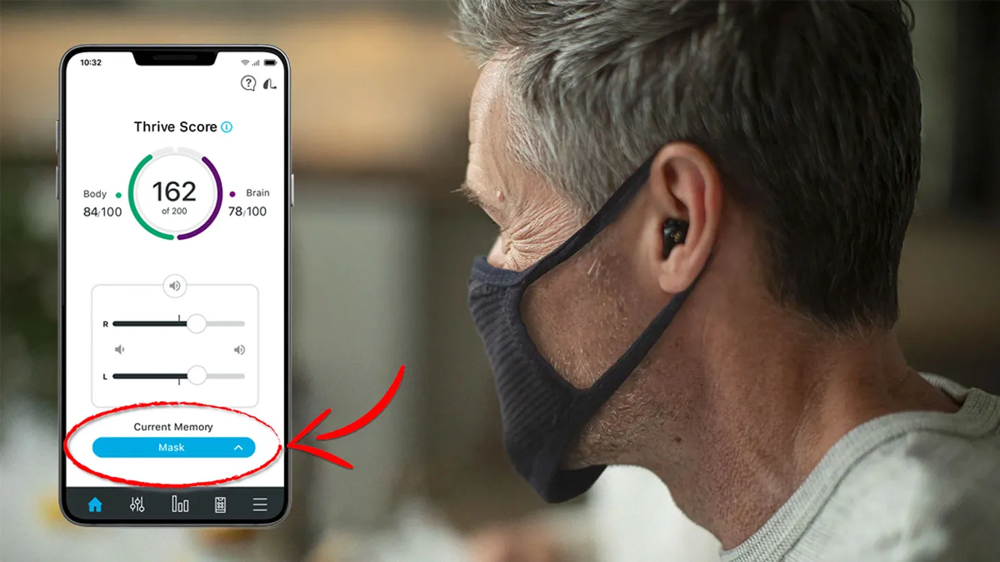 Several hearing aids have built-in programs that help accentuate speech when a speaker's mouth is covered by a mask (shown is Starkey's mask mode).
