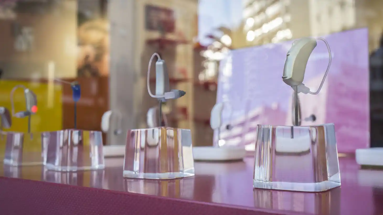 A hearing aid display in a high street audiology center.