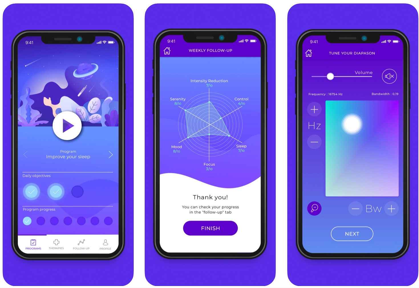 Screenshots from the Diapason for Tinnitus app