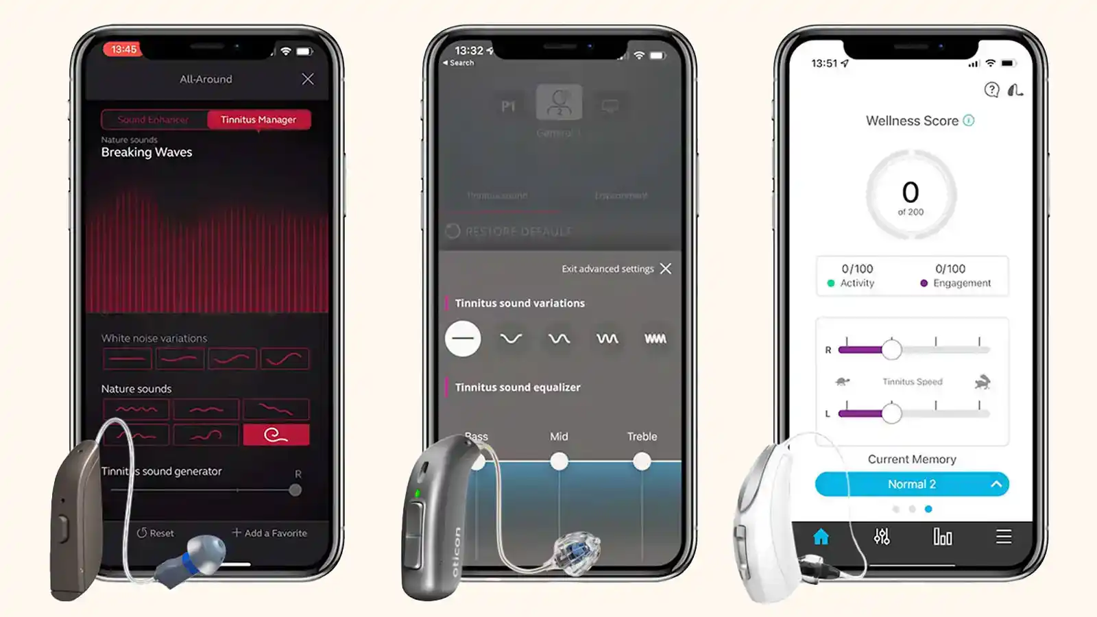 Popular hearing aids from ReSound, Oticon, Starkey, and provide tinnitus features in their smartphone apps.