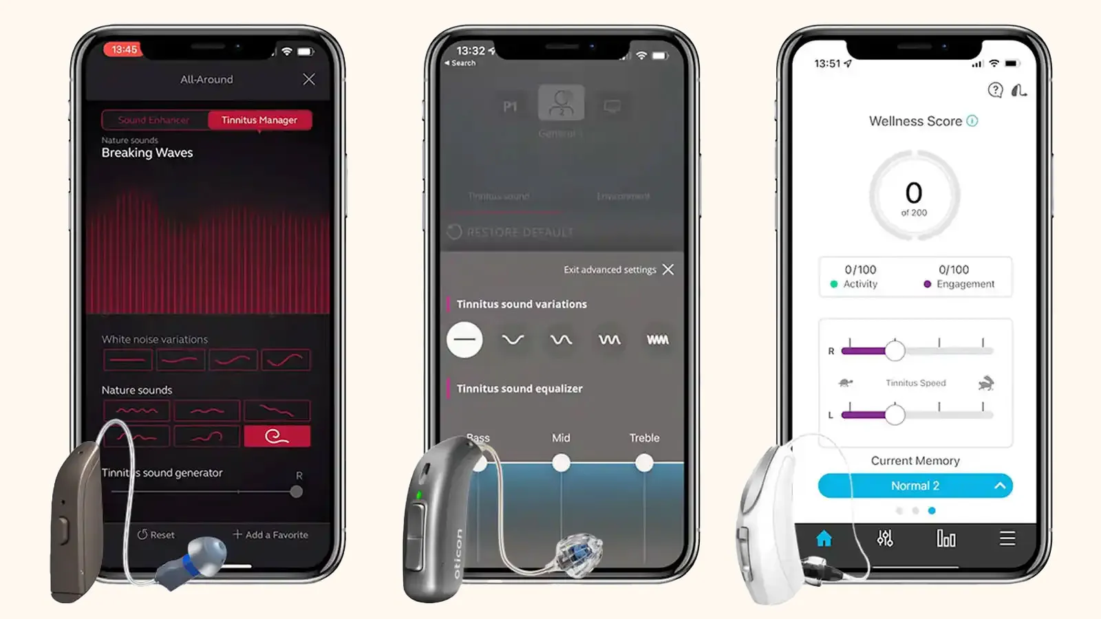Popular hearing aids from ReSound, Oticon, Starkey, and provide tinnitus features in their smartphone apps.