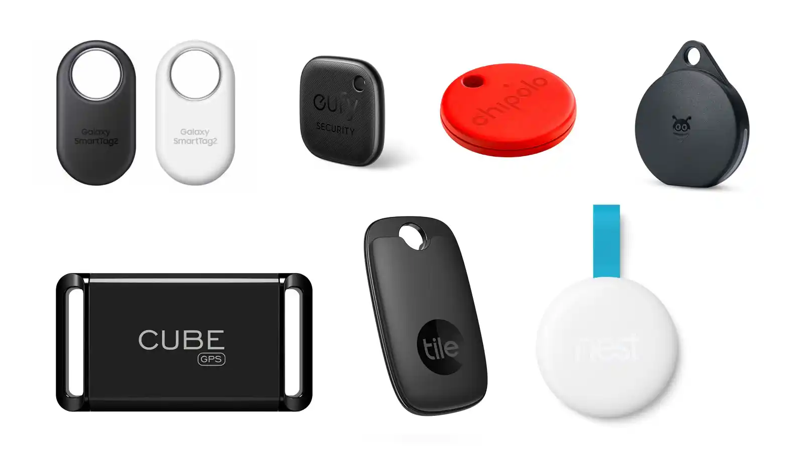 Alternatives to the Airtag: From top left (clockwise), the Samsung SmartTag2, eufy Security SmartTrack Link (iOS only), Chipolo ONE (Android and iOS), Pebblebee Clip (Android and iOS), Nest Locator Tag (TBA, Nest Tag displayed), Tile Pro (Android and iOS), and Cube GPS (Android and iOS).