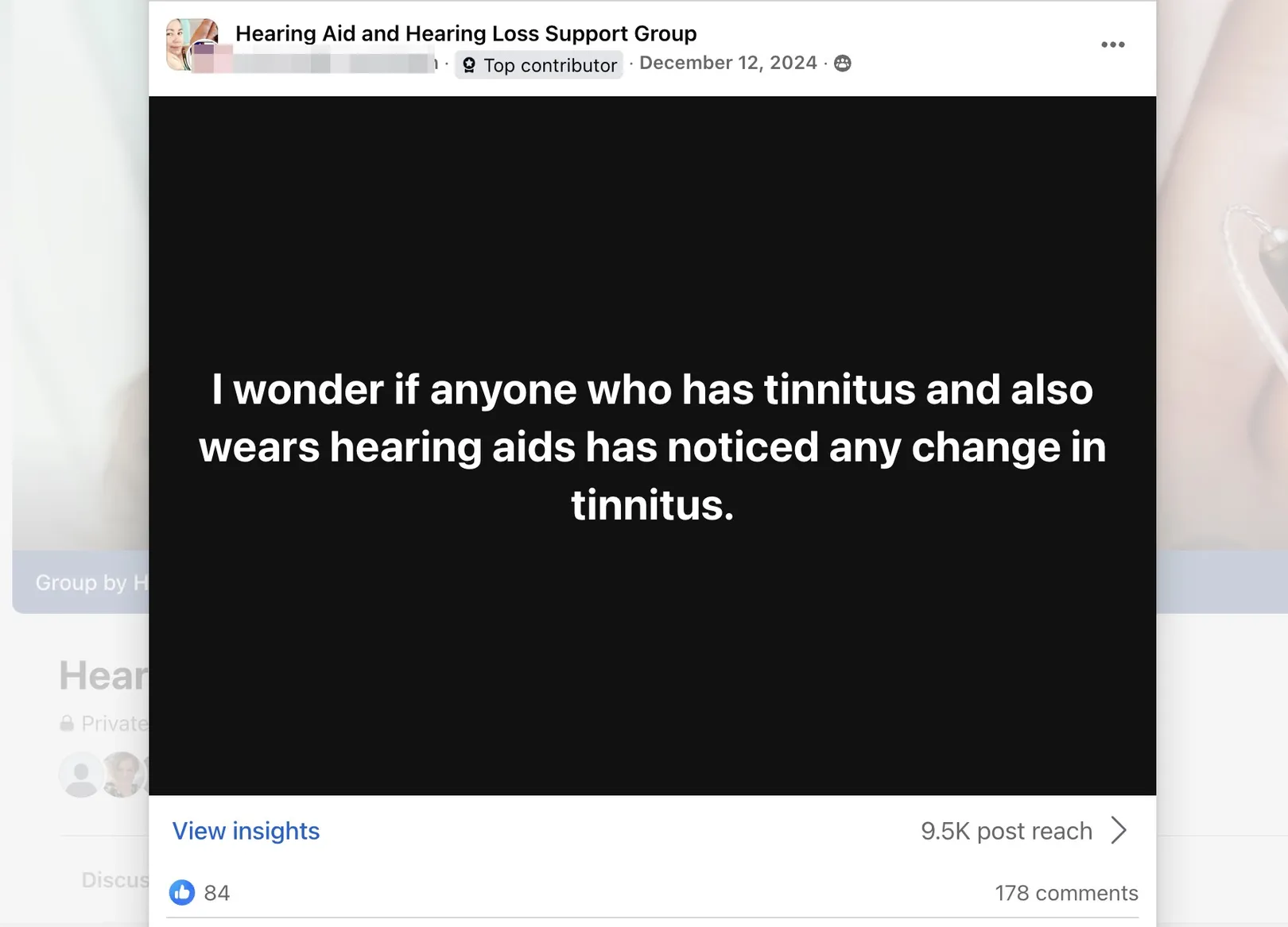A screenshot from HearingTracker's hearing aid user support group.