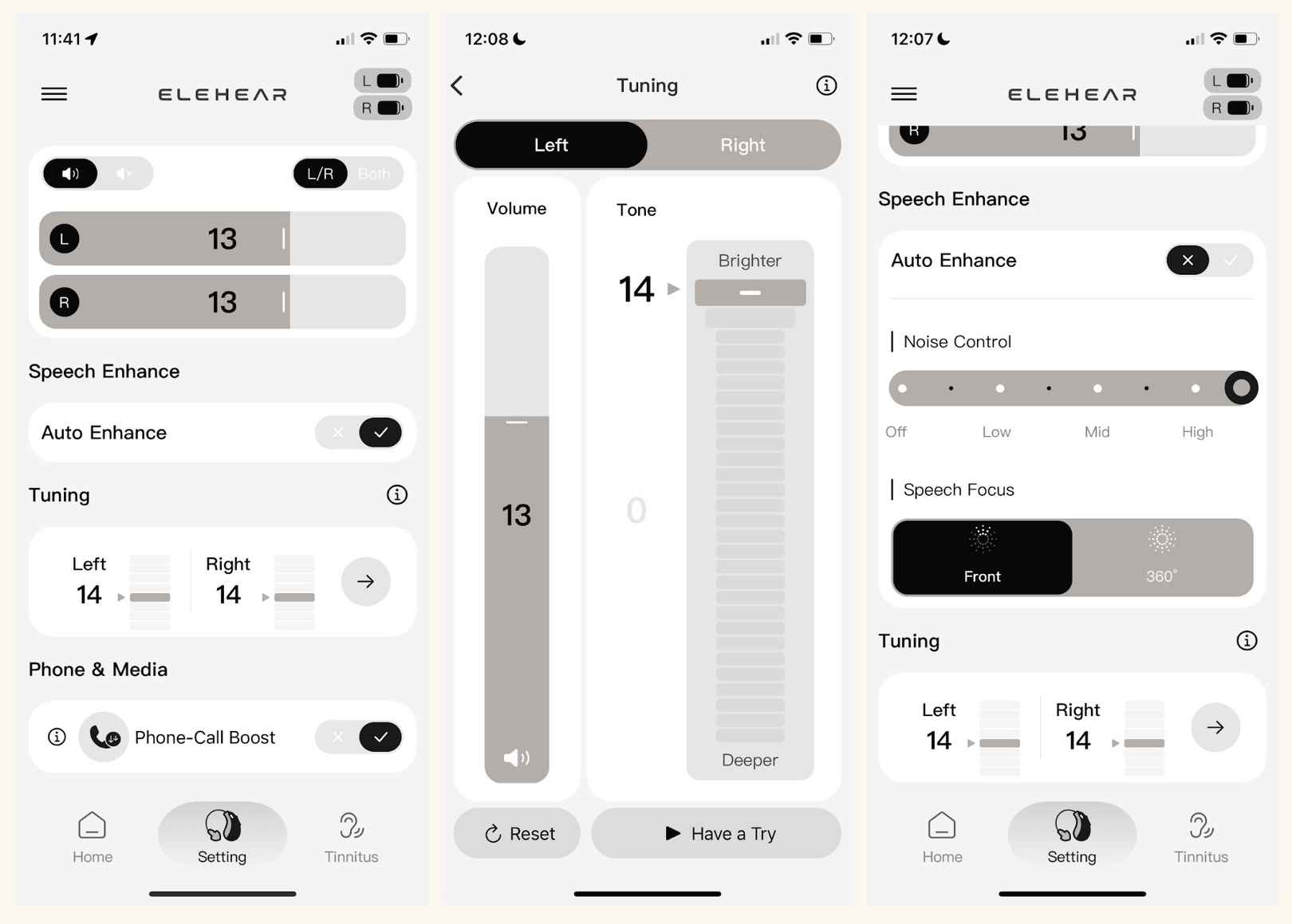 Here you can see the Settings tab within the Elehear app. The Tuning feature (middle) is a great way to shape the sound of your Beyond hearing aids and you gain manual control over noise control and microphone directionality by disabling the Auto Enhance feature (left).