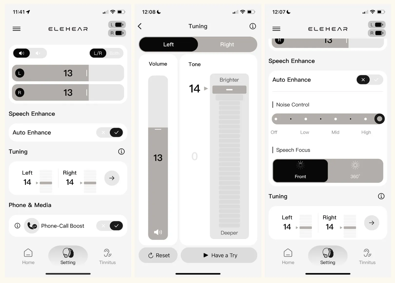 Here you can see the Settings tab within the Elehear app. The Tuning feature (middle) is a great way to shape the sound of your Beyond hearing aids and you gain manual control over noise control and microphone directionality by disabling the Auto Enhance feature (left).
