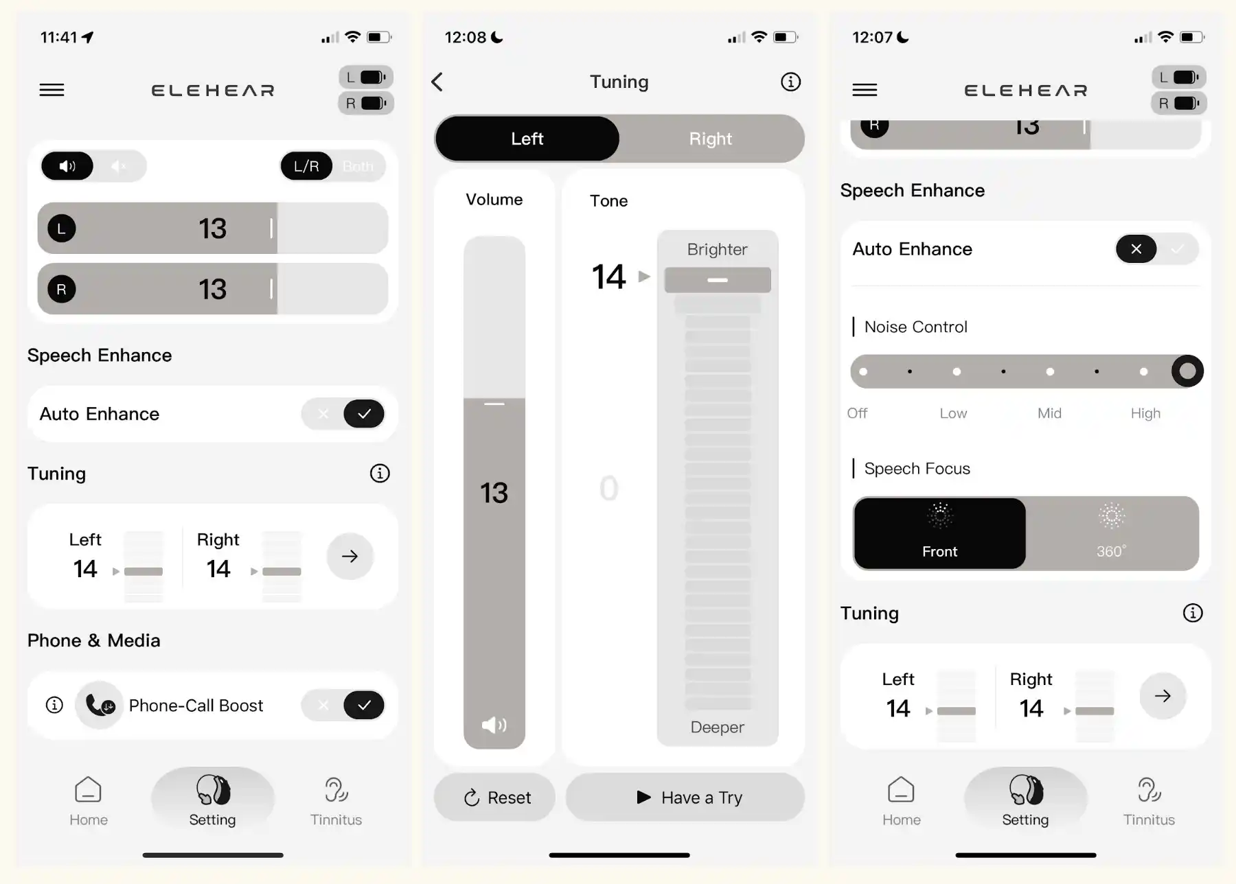 Hier sehen Sie die Registerkarte „Einstellungen“ in der Elehear App. Die Funktion „Tuning“ (Mitte) ist eine hervorragende Möglichkeit, den Klang Ihrer Beyond Hörgeräte anzupassen, und durch Deaktivieren der Funktion „Auto Enhance“ (links) erhalten Sie manuelle Kontrolle über die Geräuschkontrolle und die Mikrofonrichtcharakteristik.