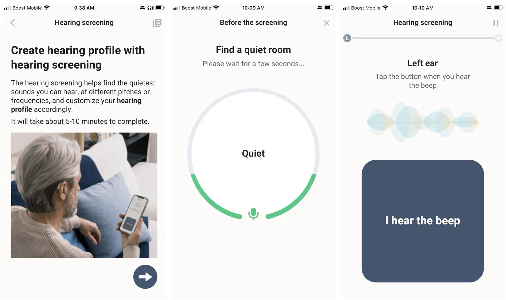 Orka’s app guides you through the hearing screening process and even checks noise levels to ensure your environment is quiet enough for testing (middle image). 