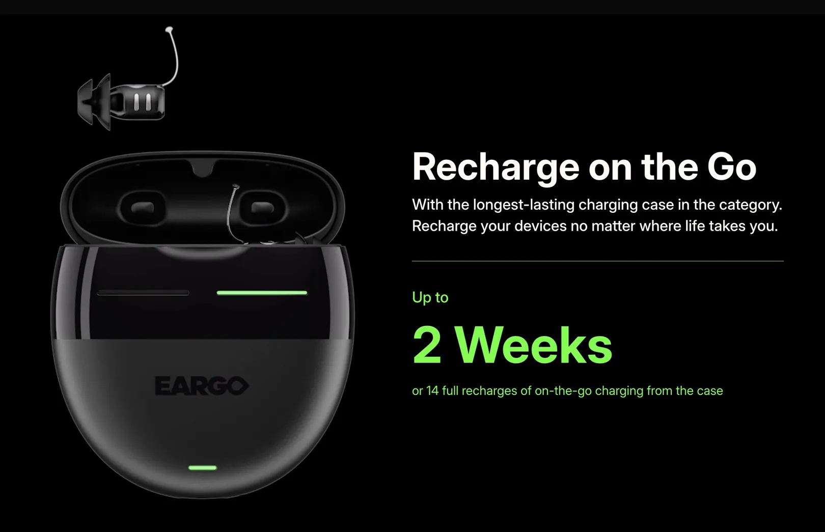 Eargo claims their new rechargeable hearing aids can run for 2 weeks away from a power source.