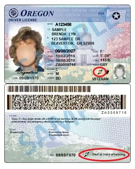 Oregon Driver License with Deaf or Hard of Hearing identification