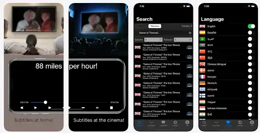 Four screenshots of Subtitles View app, including 2 showing the app on a tablet