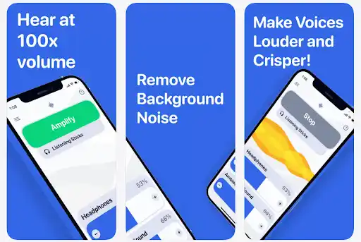 Screenshots of Sound Amplifier with buttons for voice isolation, loudness protect, and equalizer