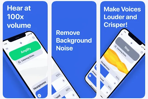 Screenshots of Sound Amplifier with buttons for voice isolation, loudness protect, and equalizer