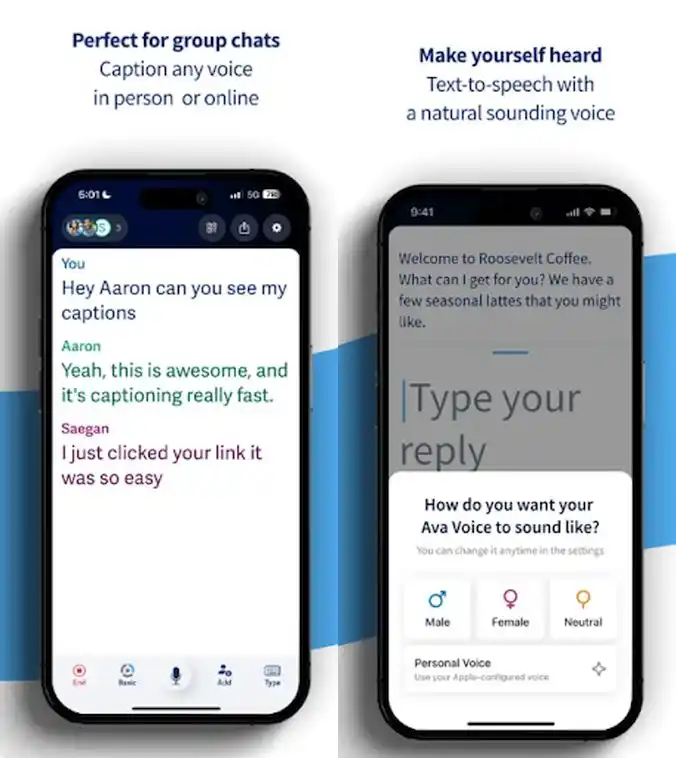Ava is a live-captioning app suitable for one-on-one and group conversations, both online and in person.