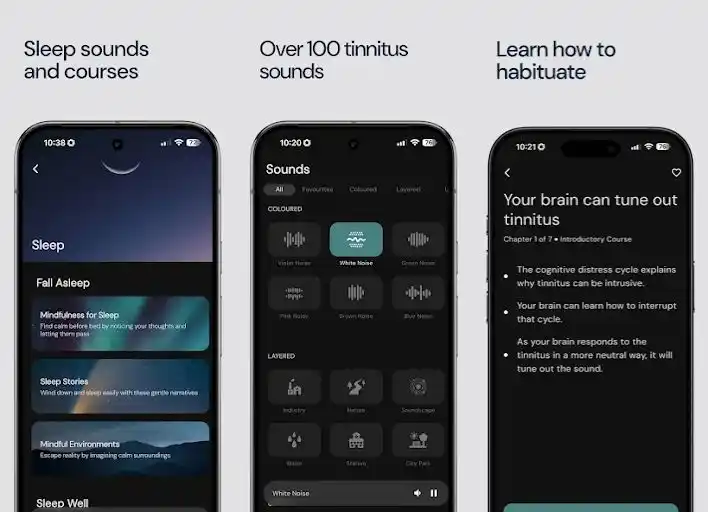 Oto offers sleep sounds and courses to help your brain tune out your tinnitus.