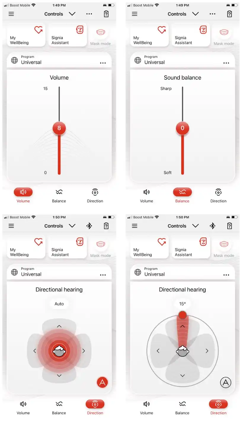 The Signia App’s three main tabs for Volume, Sound balance, and Directional hearing (left to right). The final right image shows Directional hearing set at the most aggressive forward facing focus mode of 15 degrees.