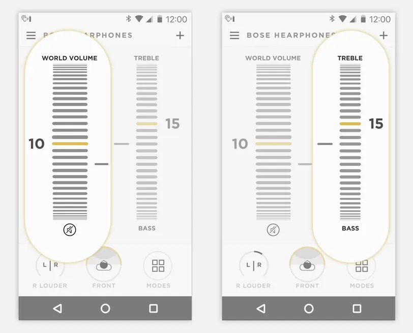 Screenshots from the Bose Hear App for Bose Hearphones