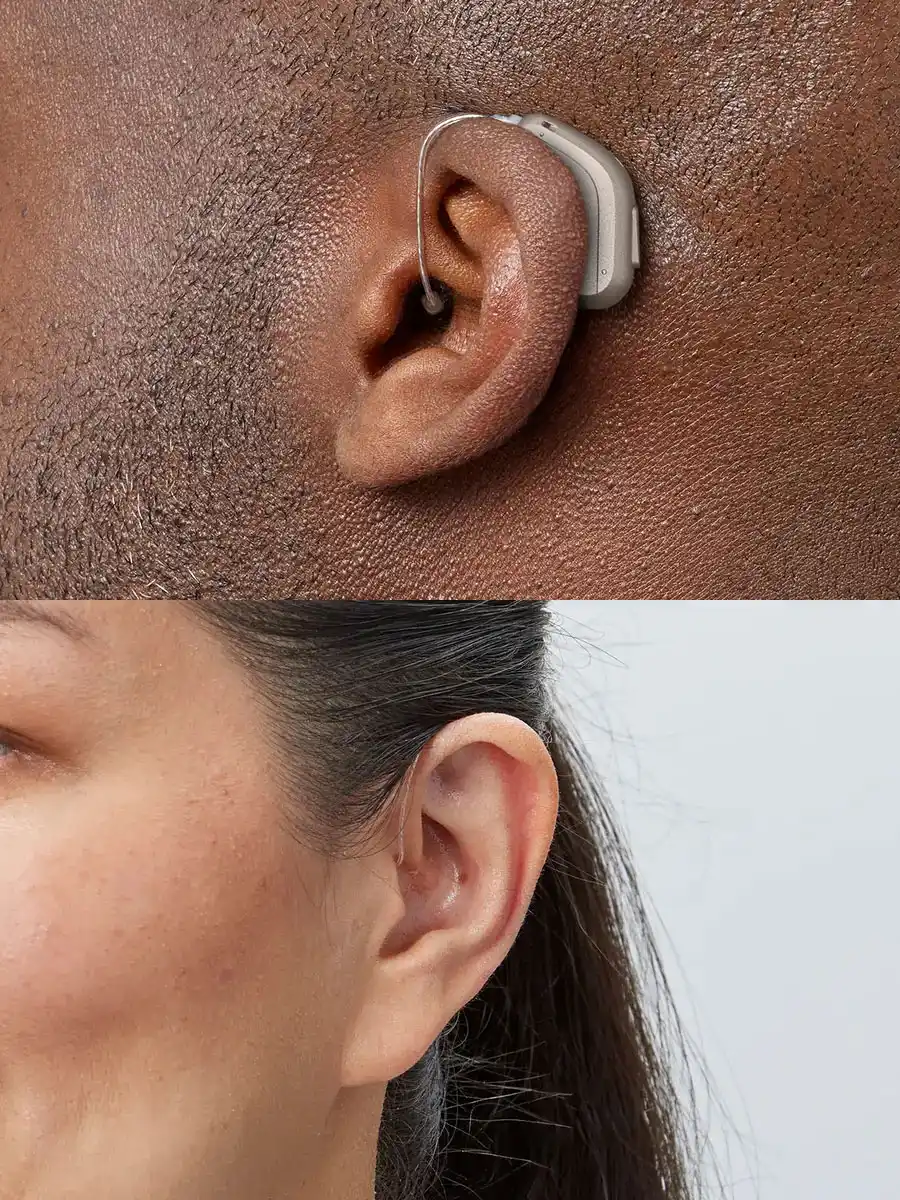 Oticon Intent as viewed from the front and side of the head.
