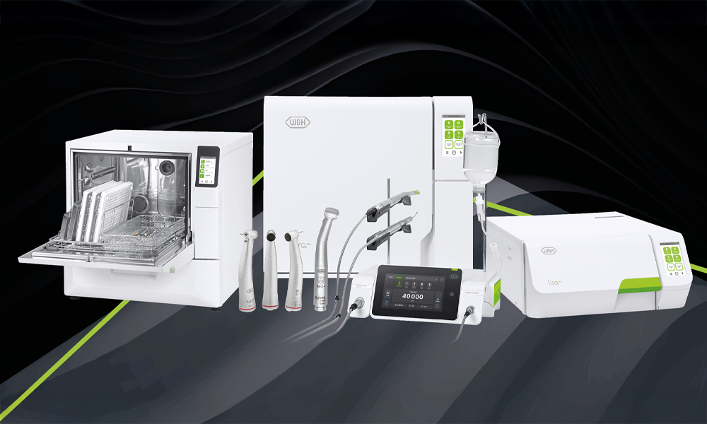 The W&H devices: Thed and Thed+, Lara XXL, Synea Fusion turbines, Synea Power Edition, Implantmed Plus II, Piezomed module plus II and Lisa Mini, in front of a black background.